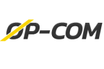 Logo mit der Aufschrift "OP-COM" und einem gelben Schrägstrich.